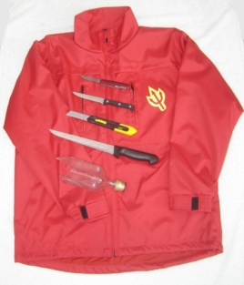 Rotes Schnittschutz Textiel mit Dreizack