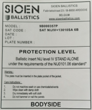 Harde Ballistische Platte SAT / NIJ-4+++(06) Stand Alone 250x300 mm