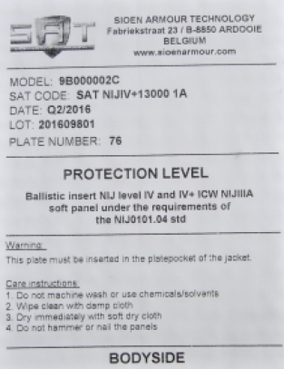 Dures plaques balistiques SAT / NIJ-4 / Conjunction NIJ-3A