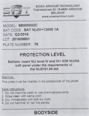 Harde Ballistische Platte SAT / NIJ-4 / Conjunction NIJ-3A